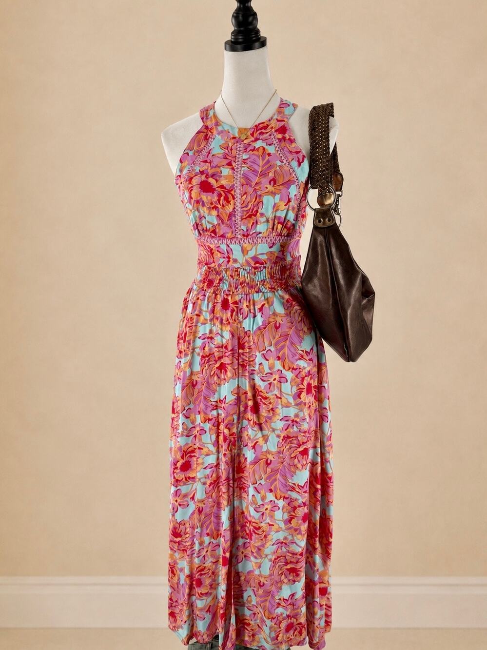 Abel The Label Rumi Floral Halter Open Back Maxi Dress XS